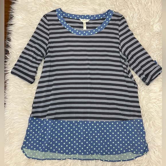 Matilda Jane Size Medium Top Blue Gray Stripe Polka Dot‎ Let's Get Lost Peplum - Picture 2 of 5
